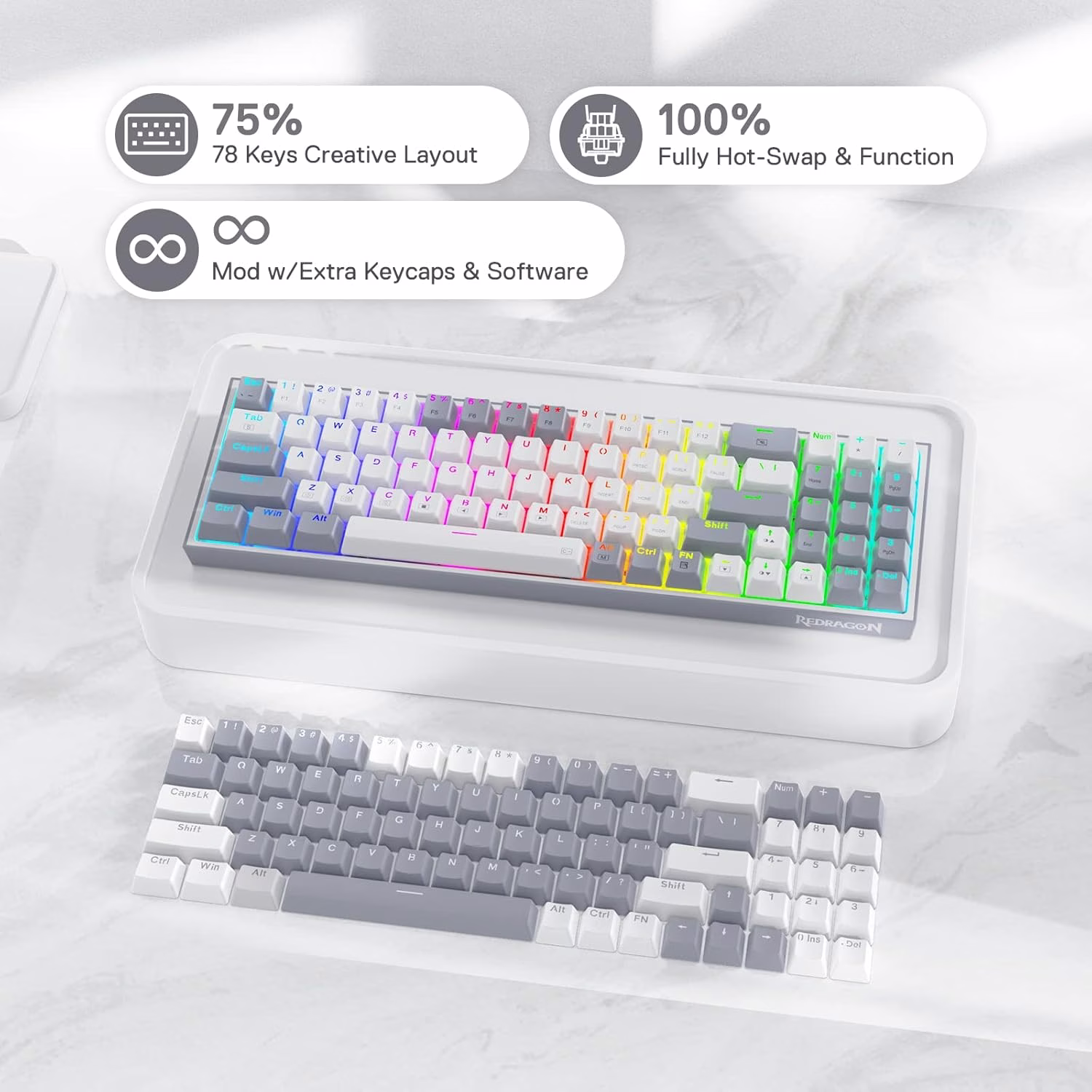 Redragon K628 Pollux 75% Wired RGB Gaming Keyboard | K628WG-RGB thumbnail 8