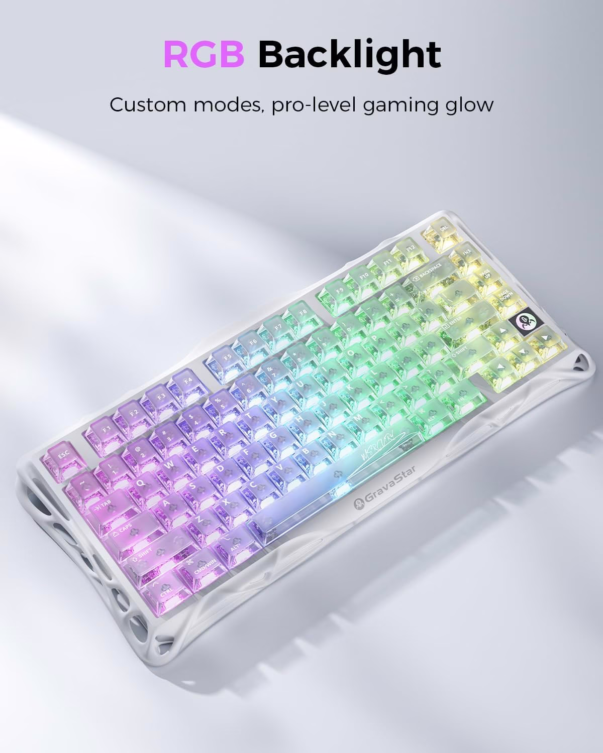 GravaStar Mercury K1 Lite 75% Gaming Keyboard, 80 Keys, Hot-Swappable, RGB Lighting, Full N-Key Rollover, Programmable Keys, Tri-Mode Connectivity, 4000mAh Battery, Crystal Aurora | GS K1 LITE_XTAL_AUROA thumbnail 2