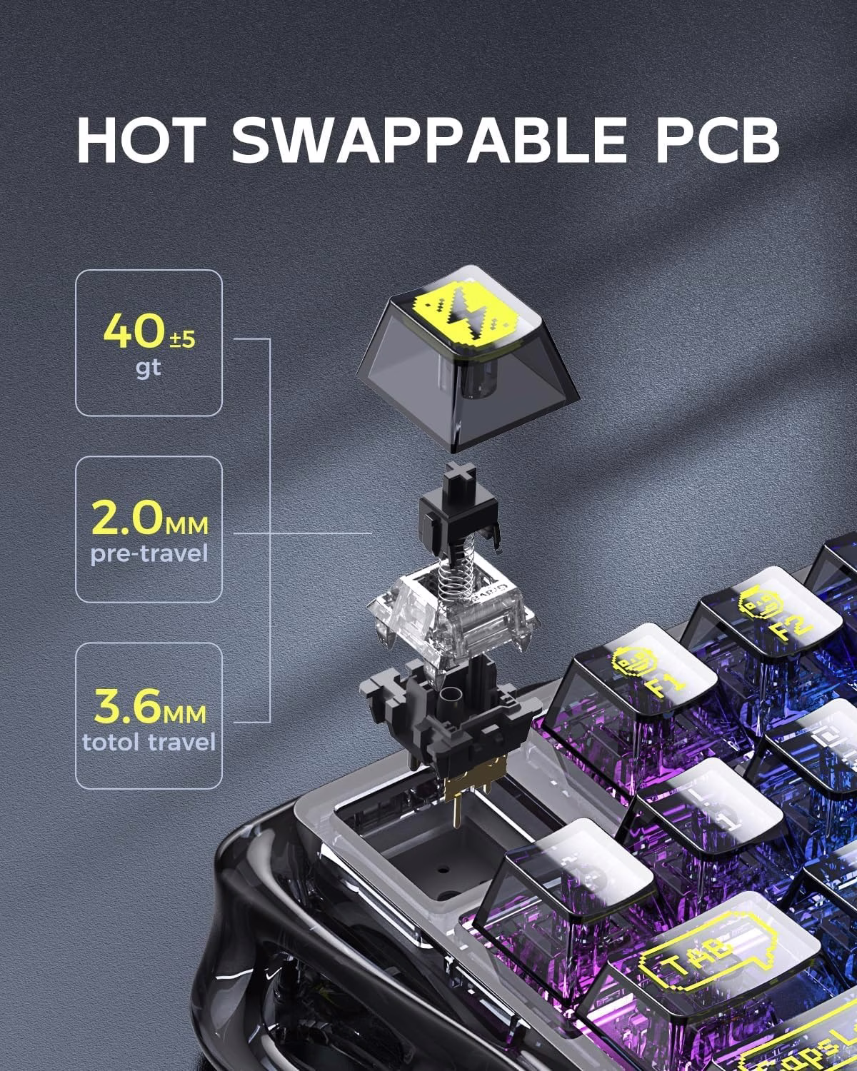 GravaStar Mercury K1 Lite Mechanical Gaming Keyboard, 75% Gasket Hot Swappable Custom Keyboard, Pre-lubed Linear Switches Mechanical Keyboard, RGB Backlit Wireless Keyboard - Transparent Black | GS K1 LITE_XTAL_BLK thumbnail 10