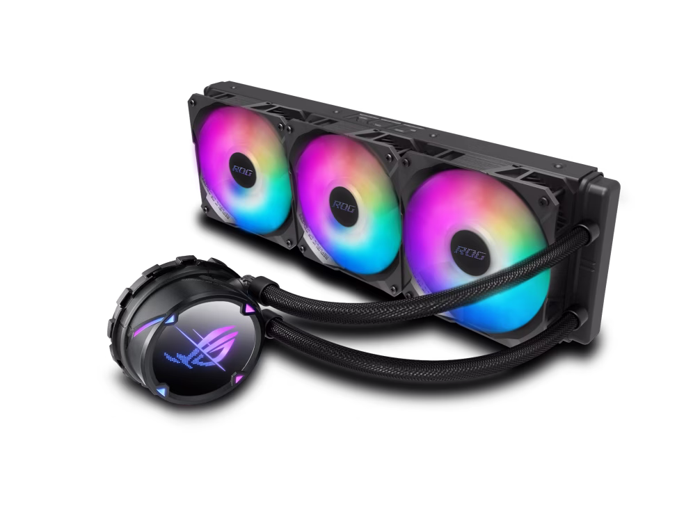 ROG Strix LC II 360 ARGB all-in-one liquid CPU cooler with Aura Sync and three ROG 120 mm addressable RGB radiator fans, Seventh Gen Asetek pump, NCVM-coated pump, Reinforced, sleeved tubing | 90RC00F2-M0UAY2 image