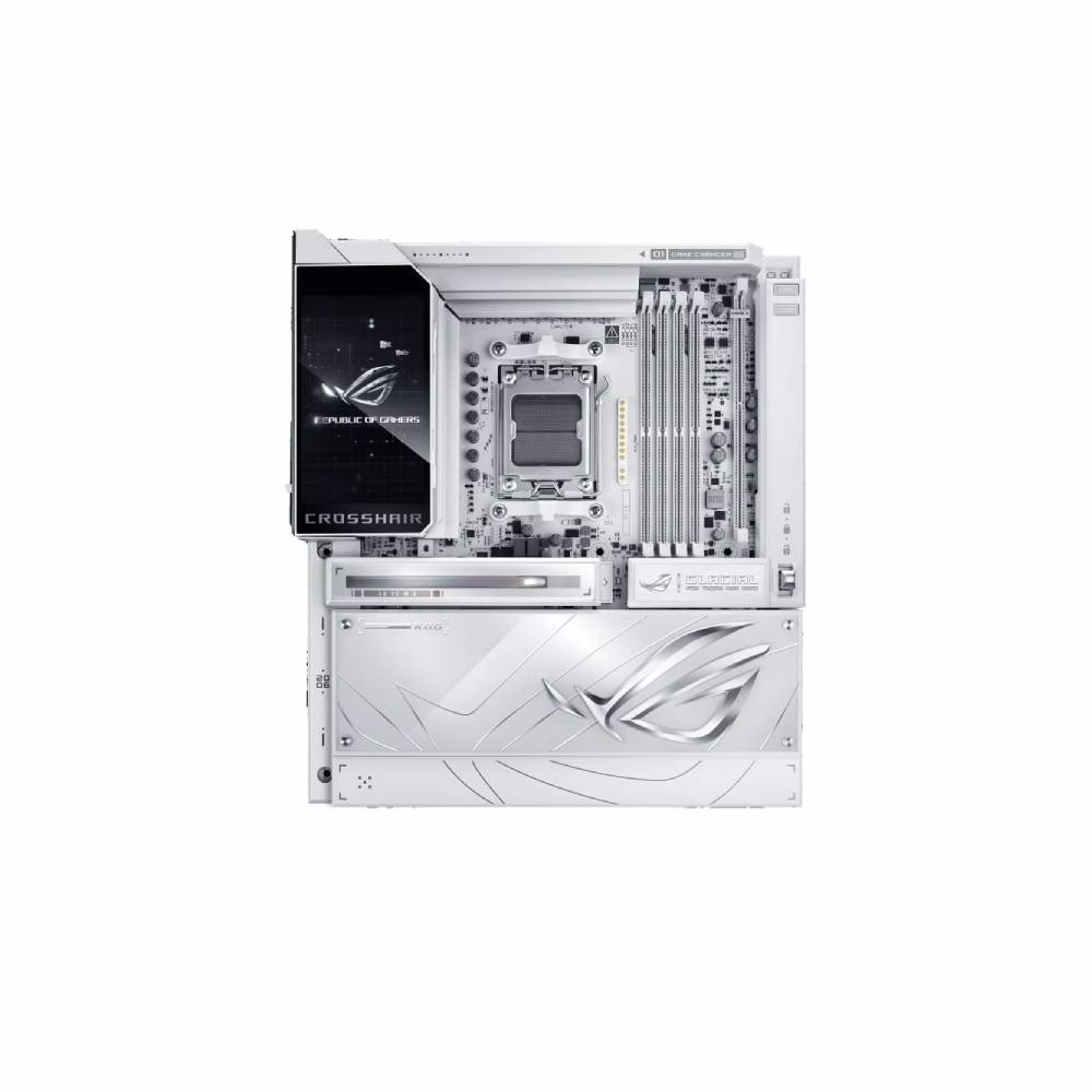 ASUS ROG CROSSHAIR X870E GLACIAL E-ATX AM5 White Motherboard, 5" Full Color LCD, 4x DDR5 DIMM slots, max. 256GB, 7x M.2 slots (PCIe 5.0 support), Dual 10Gb Ethernet, Wi-Fi 7, USB4, 60W Quick Charge 4+ | 90MB1NQ0-M0EAY0 – Buy Online