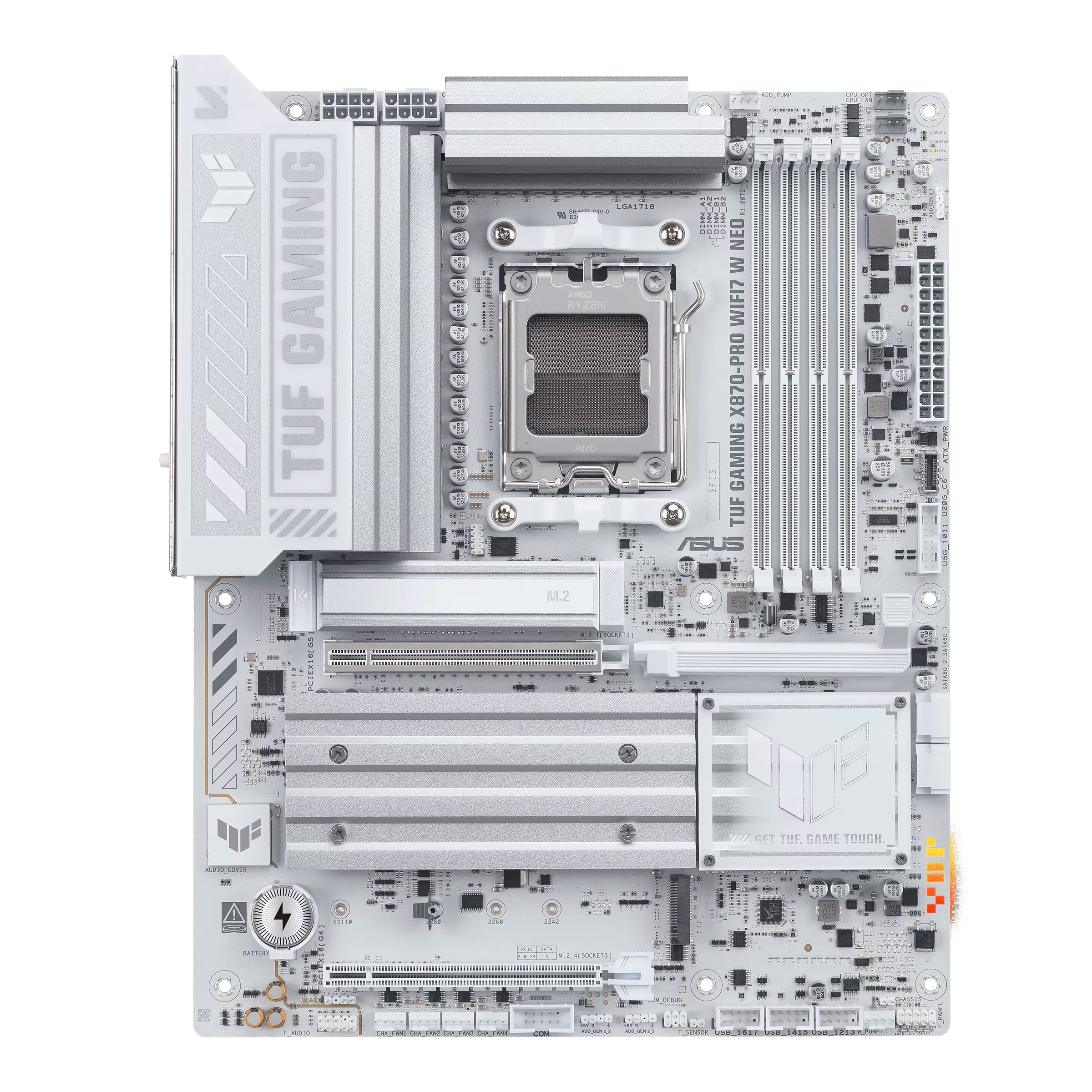 ASUS TUF GAMING X870-PRO WIFI7 W NEO AMD White AM5 Motherboard, 4x DIMM slots, max. 256GB, DDR5, 4x M.2 slots, Ryzen 9000 Ready, USB4®, NitroPath DRAM, 5Gb LAN, AI Solutions | 90MB1NY0-M0EAY0 image