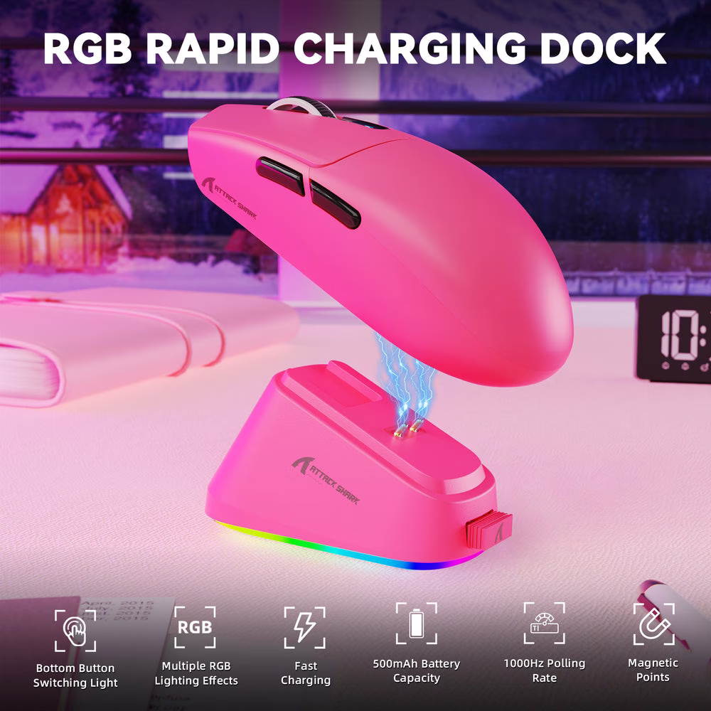 ATTACK SHARK G3 Pro Wireless Gaming Mouse with Charging Dock, 59g Ultra-Lightweight, 25,000 DPI PAW3311 Sensor, & 100M Omron Switches, Berry Red | G3 Pro thumbnail 4