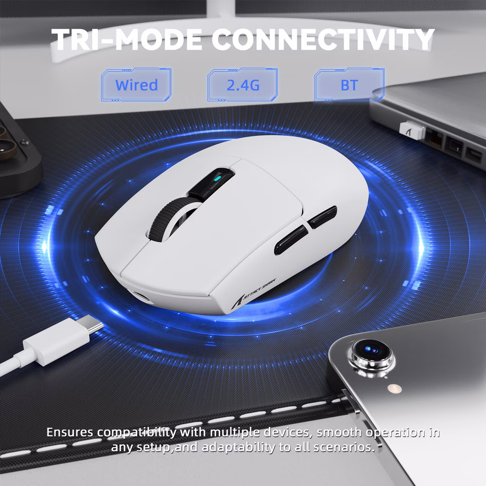 ATTACK SHARK G3 Pro Wireless Gaming Mouse with Magnetic Charging Dock, 59g Ultra-Lightweight, PAW3311 25K DPI Sensor, Omron 100M Switches, & Tri-Mode, White | G3 Pro thumbnail 3