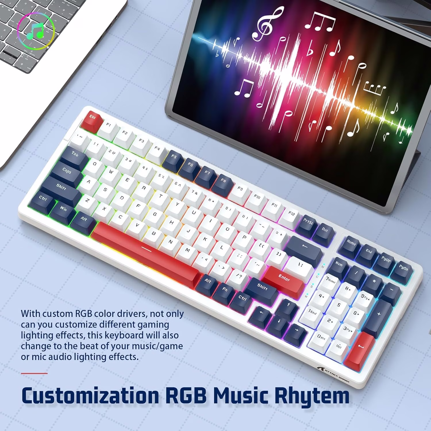 ATTACK SHARK K98 Wireless Mechanical Gaming Keyboard, 100-Key Hot-Swap, Tri-Mode Connectivity, Red Switches, & White Cloud Wrist Rest, Blue-White Edition | K98 thumbnail 4