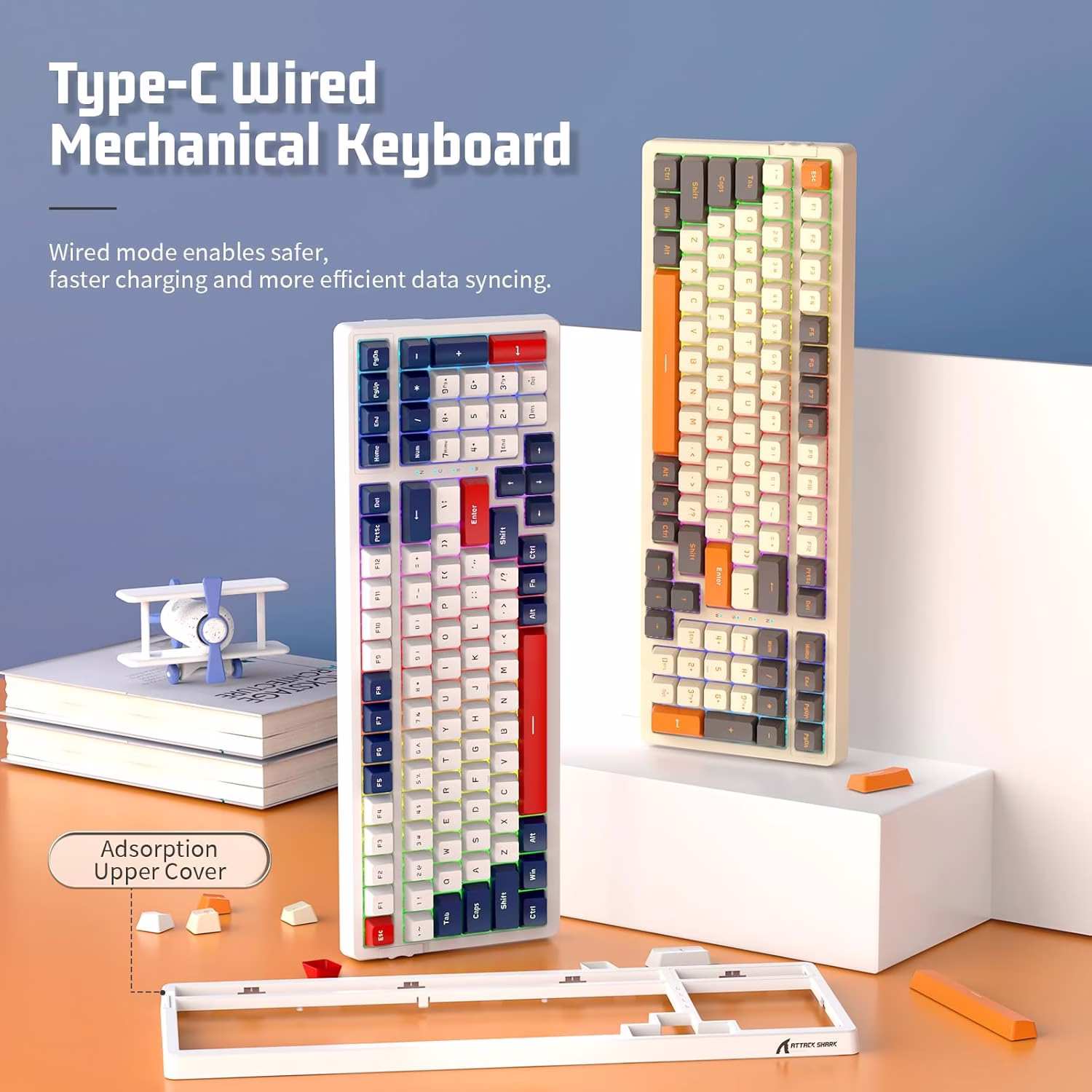 ATTACK SHARK K98 Wireless Mechanical Gaming Keyboard, 100-Key Hot-Swap, Tri-Mode Connectivity, Red Switches, & White Cloud Wrist Rest, Blue-White Edition | K98 thumbnail 2