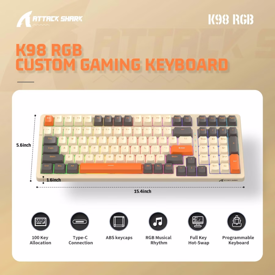 ATTACK SHARK K98 Wireless Mechanical Gaming Keyboard, 100-Key Hot-Swap, Tri-Mode Connectivity, Coiled USB-C Cable, Diamante-Yellow-Gray Edition | K98 thumbnail 3