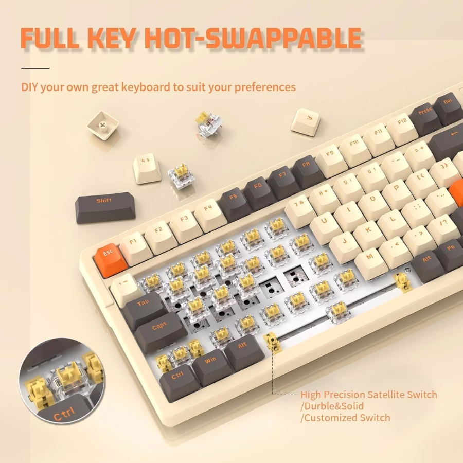 ATTACK SHARK K98 Wireless Mechanical Gaming Keyboard, 100-Key Hot-Swap, Tri-Mode Connectivity, Coiled USB-C Cable, Diamante-Yellow-Gray Edition | K98 thumbnail 5