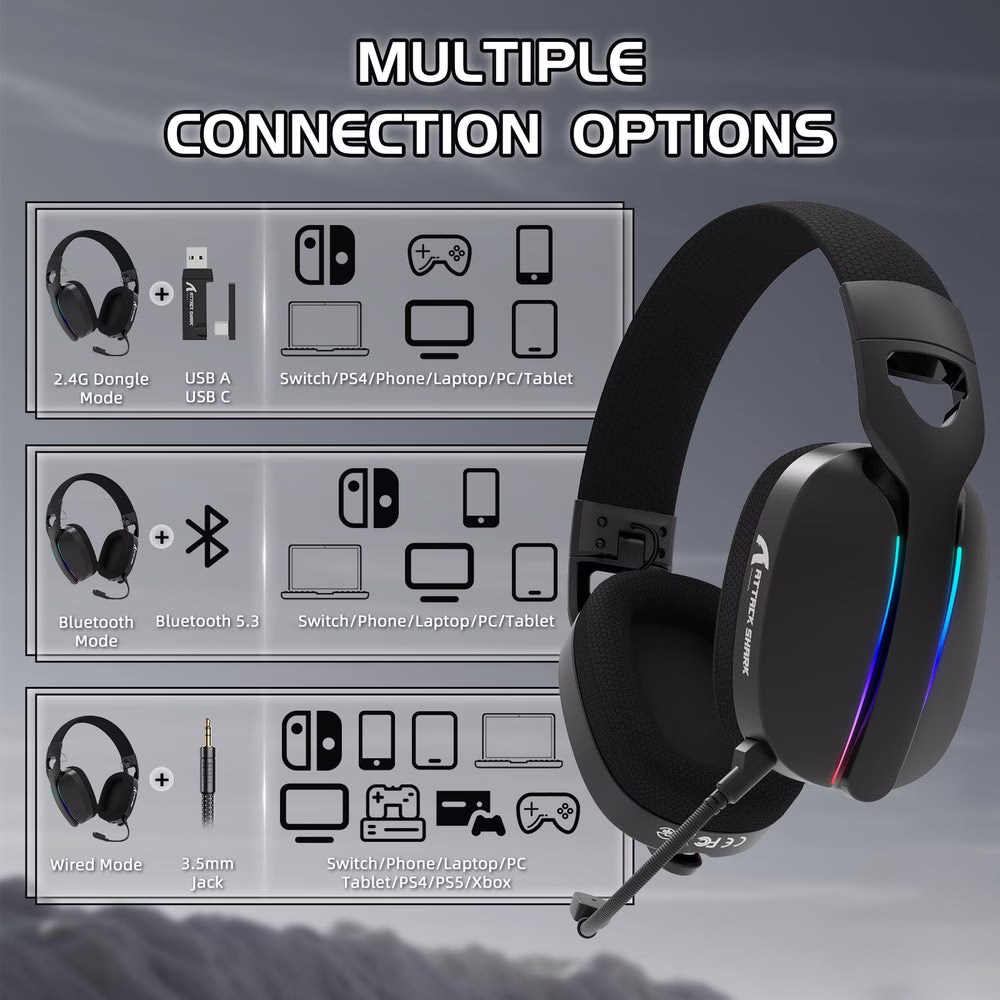 ATTACK SHARK L90 Foldable Wireless Gaming Headset, Dynamic 7.1 Surround Sound, RGB Lighting, 800mAh Battery, & Tri-Mode Connectivity, Black | L90 Foldable thumbnail 7