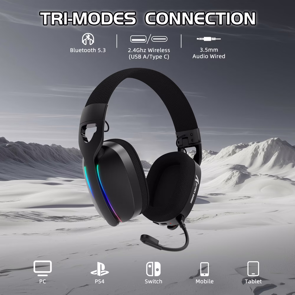 ATTACK SHARK L90 Foldable Wireless Gaming Headset, Dynamic 7.1 Surround Sound, RGB Lighting, 800mAh Battery, & Tri-Mode Connectivity, Black | L90 Foldable thumbnail 2