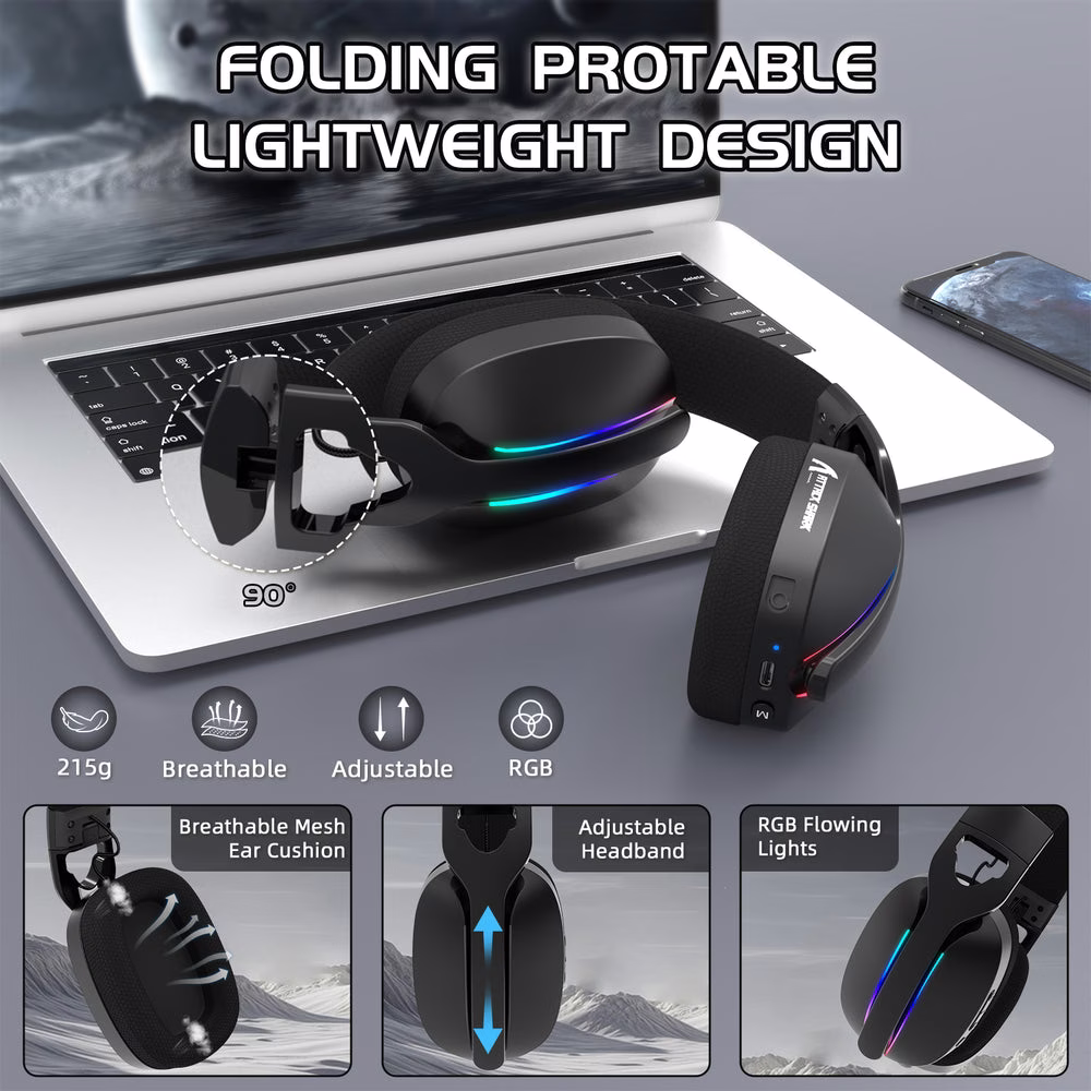ATTACK SHARK L90 Foldable Wireless Gaming Headset, Dynamic 7.1 Surround Sound, RGB Lighting, 800mAh Battery, & Tri-Mode Connectivity, Black | L90 Foldable thumbnail 5
