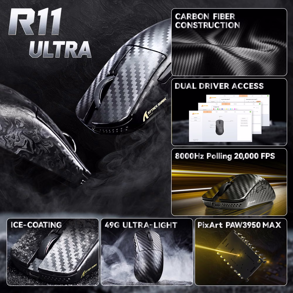 ATTACK SHARK R11 Ultra Carbon Fiber Wireless Gaming Mouse, 49g Superlight, 8K Polling Rate, PAW3950MAX Sensor, & Nano-Metal Ice Coating, Black | R11 thumbnail 5