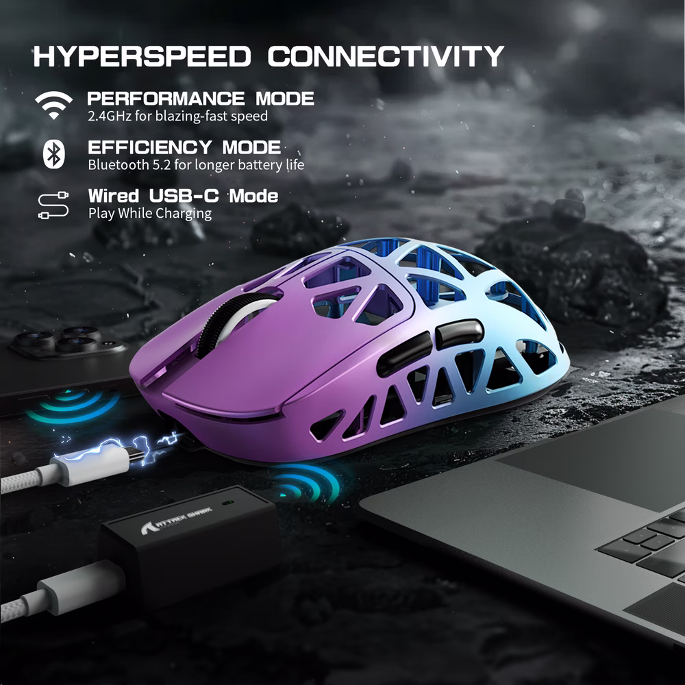 ATTACK SHARK R2 Magnesium Alloy Wireless Gaming Mouse, 45g Superlight, 8K Polling, (Not Include the Charging Dock), PAW3950 Flagship Sensor, & 42,000 DPI, Iridescent, Purple & Blue | R2 MA thumbnail 3
