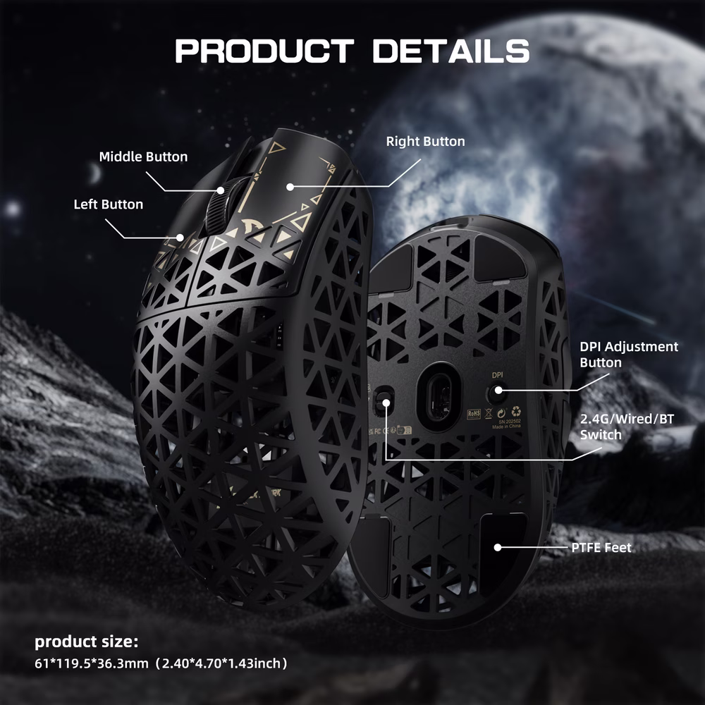 ATTACK SHARK R5 Ultra Carbon Fiber Wireless Gaming Mouse, 39g World-Class Superlight, 8K Polling, 42,000 DPI PAW3950MAX Sensor, Black | R5 Ultra thumbnail 3