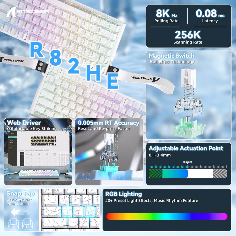 ATTACK SHARK R82 HE Magnetic Switch Gaming Keyboard, 75% Wired, 8KHz Polling, 0.005mm Rapid Trigger Accuracy, & Snap Tap Support, White Contours | R82 HE thumbnail 6