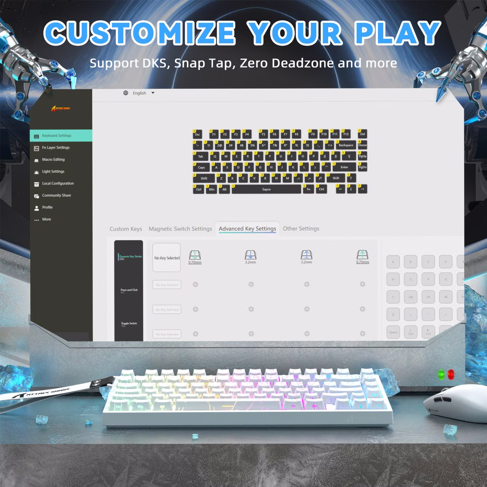ATTACK SHARK R82 HE Magnetic Switch Gaming Keyboard, 75% Wired, 8KHz Polling, 0.005mm Rapid Trigger Accuracy, & Snap Tap Support, White Contours | R82 HE thumbnail 3