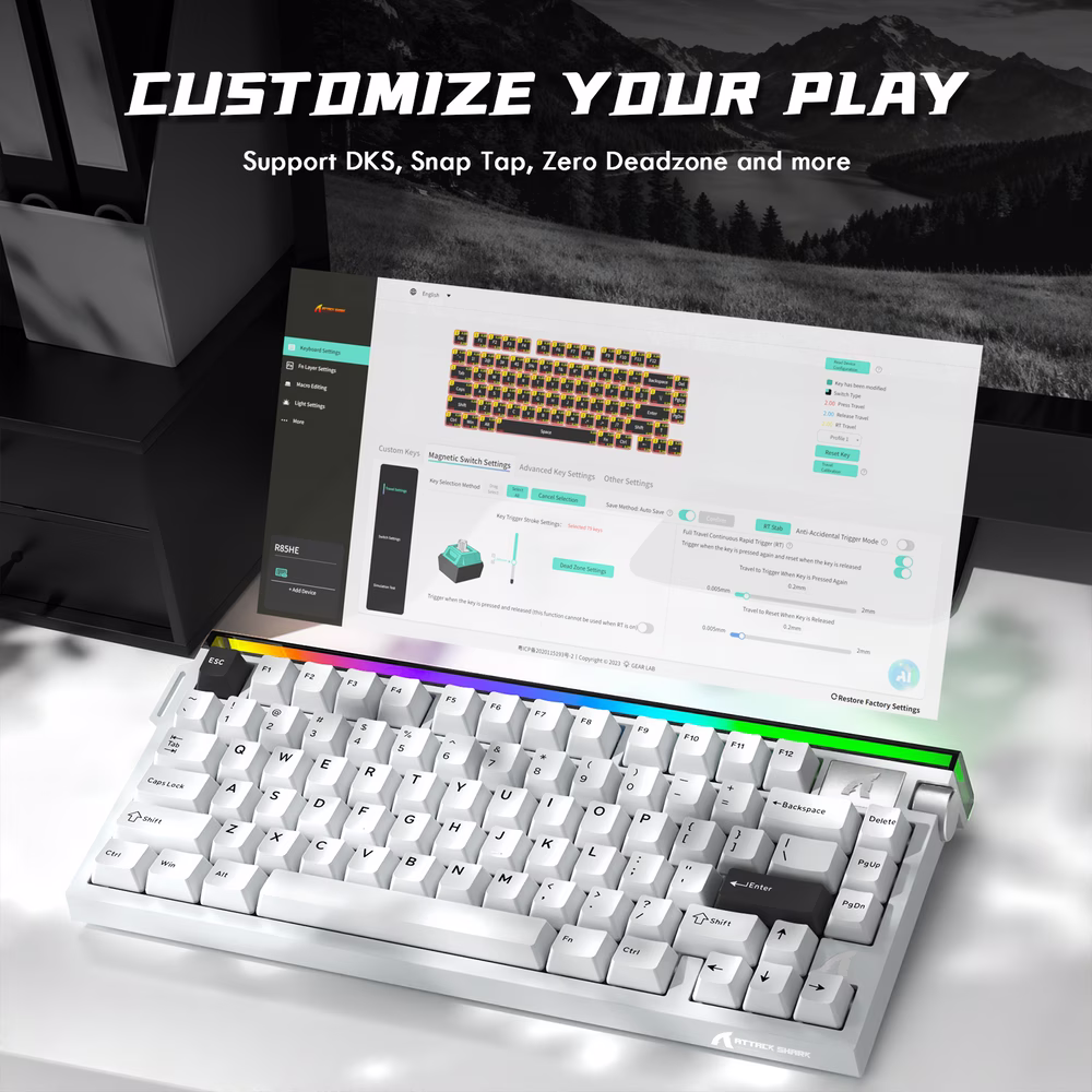 ATTACK SHARK R85 HE Magnetic Switch Gaming Keyboard, 75% Wired, 8KHz Polling, 0.005mm Rapid Trigger Accuracy, & Custom RGB Lightbox, White | R85 HE thumbnail 3