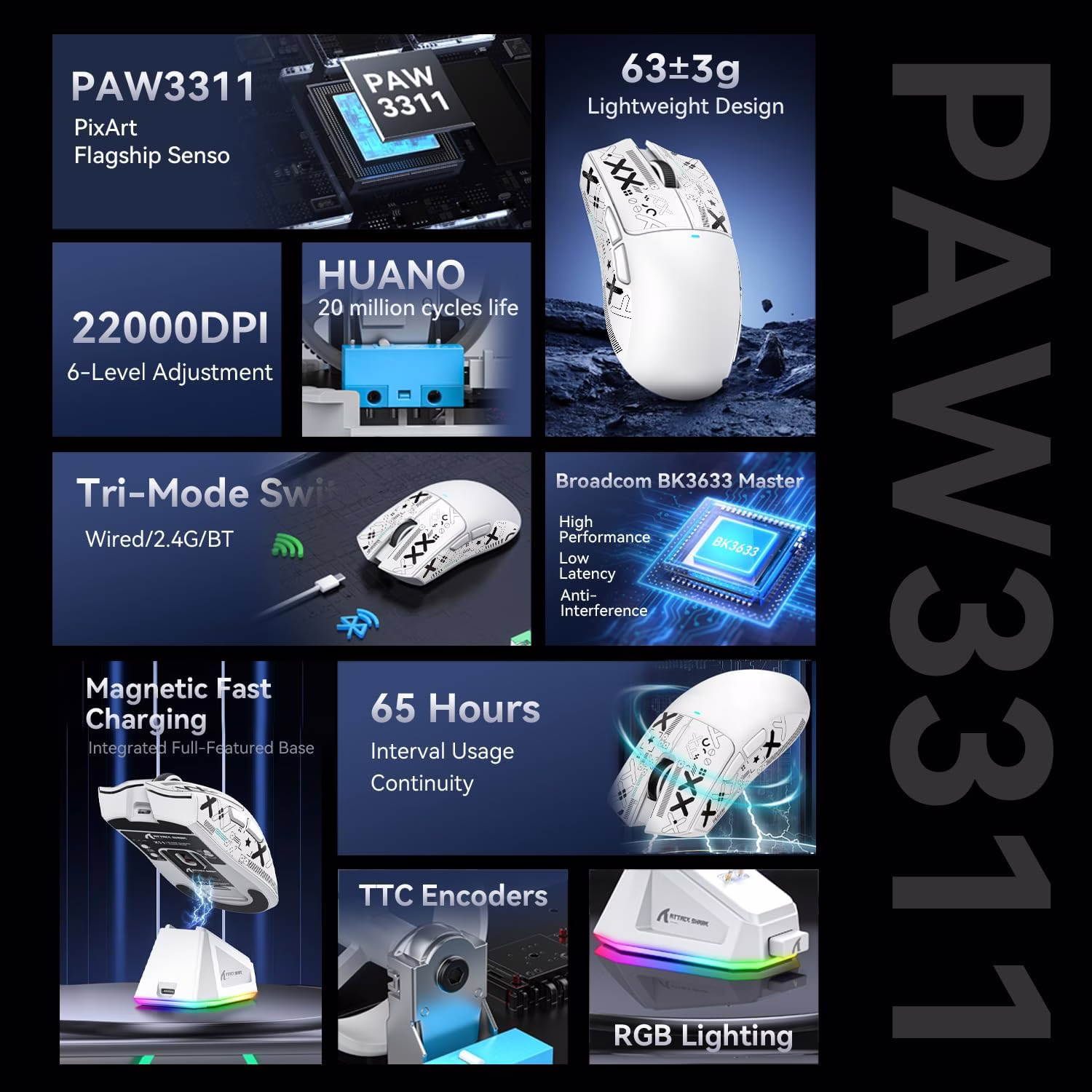 ATTACK SHARK X11 Wireless Gaming Mouse with Charging Dock, 63g Ultra-Lightweight, PixArt PAW3311 Sensor, & Tri-Mode Connectivity, White | X11 thumbnail 4