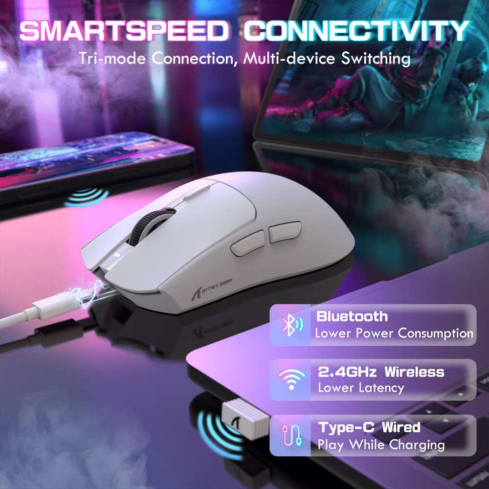 ATTACK SHARK X1 Wireless Gaming Mouse with Touchpad RGB Charging Dock, 53g Ultra-Light, 40K DPI PAW3395PRO Sensor, & 100M Omron Switches, White | X1 thumbnail 3