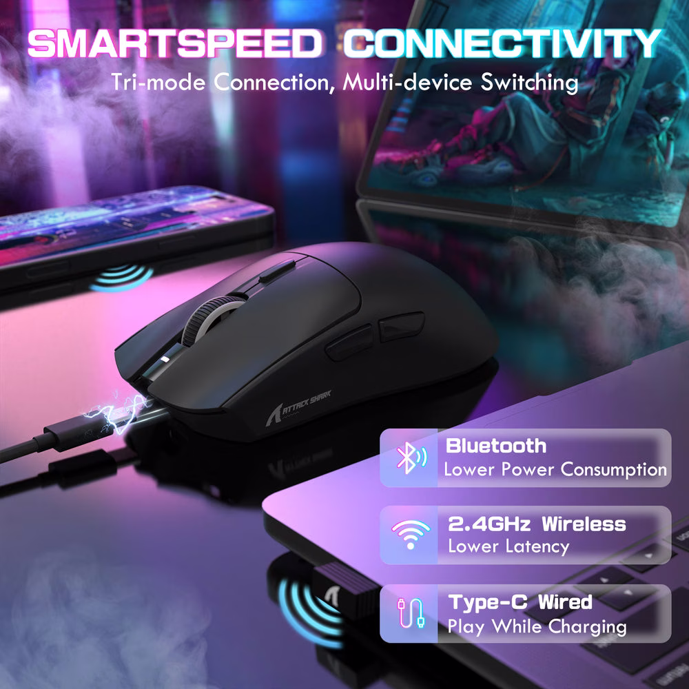 ATTACK SHARK X1 Wireless Gaming Mouse with Touchpad RGB Charging Dock, 53g Ultra-Light, 40K DPI PAW3395PRO Sensor, & 100M Omron Switches, Black | X1 thumbnail 6