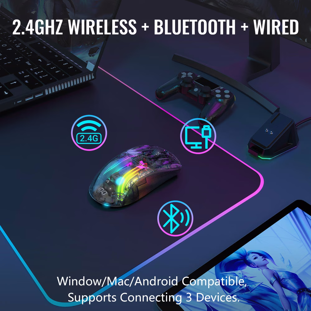 ATTACK SHARK X2 Pro Wireless Gaming Mouse with Charging Dock, Transparent Shell, Tri-Mode (BT/2.4G/Wired), Silent Clicks, & 3D RGB, Black | X2 PRO thumbnail 4