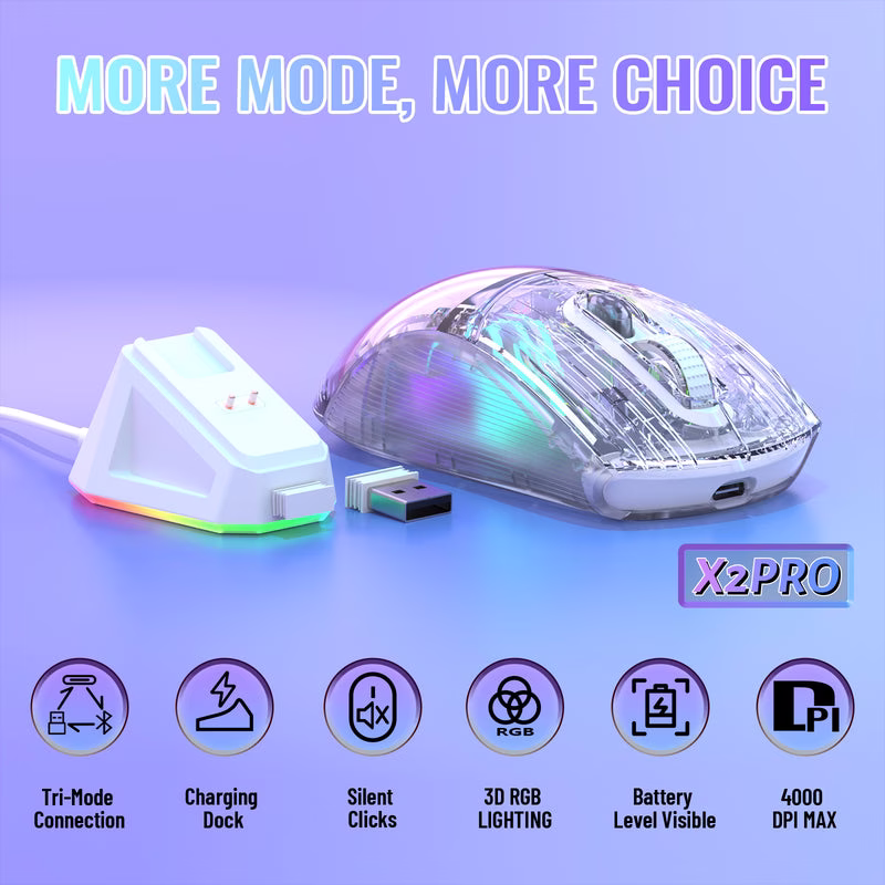 ATTACK SHARK X2 Pro Wireless Gaming Mouse with Magnetic Charging Dock, Transparent Shell, Tri-Mode Connectivity (BT/2.4G/Wired), Silent Clicks & 3D RGB, White | X2 PRO thumbnail 5