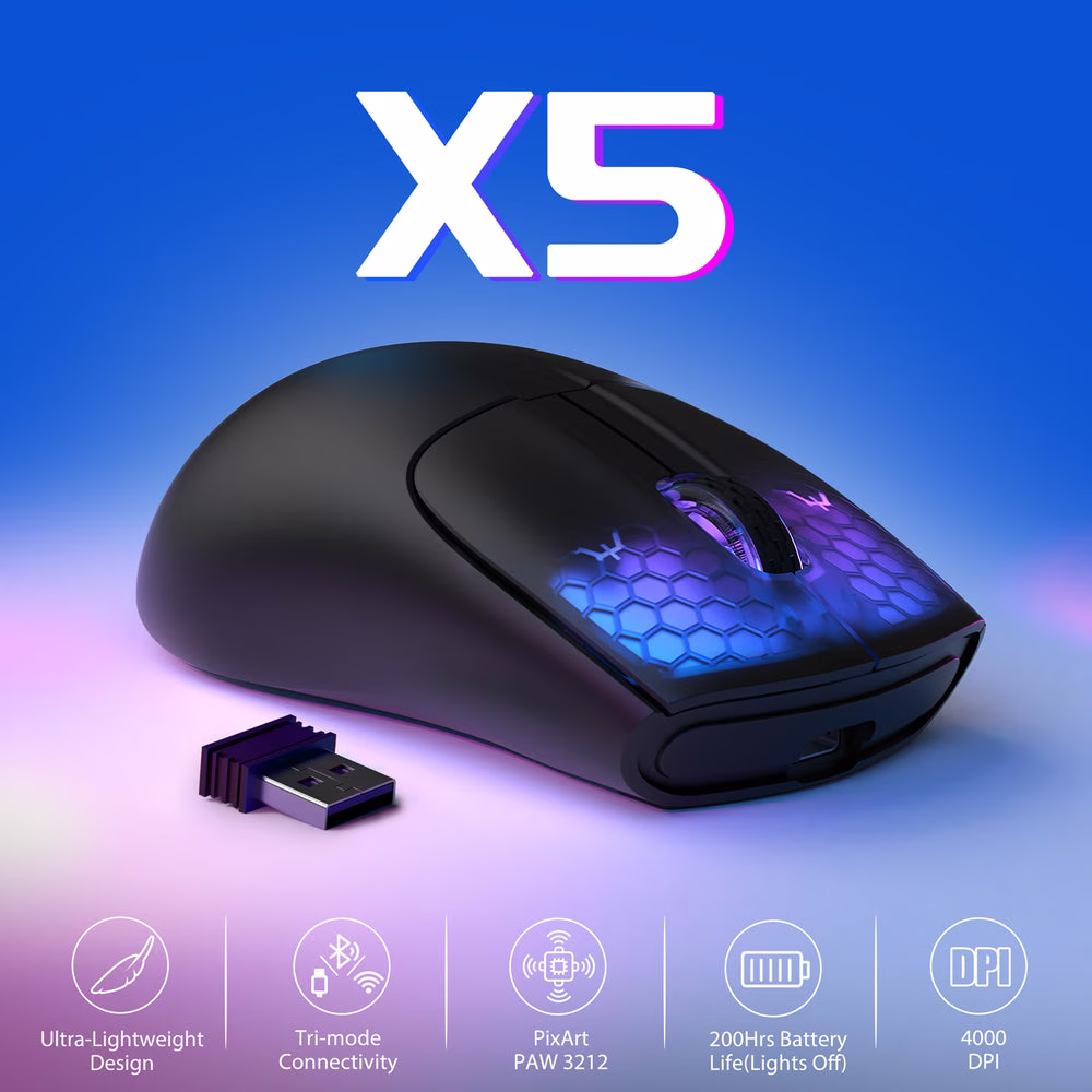 ATTACK SHARK X5 Ultra-Lightweight Wireless Gaming Mouse, 49g Featherweight Design, Tri-Mode (BT/2.4G/Wired), RGB Accents, & Ergonomic Comfort, Black | X5 thumbnail 2
