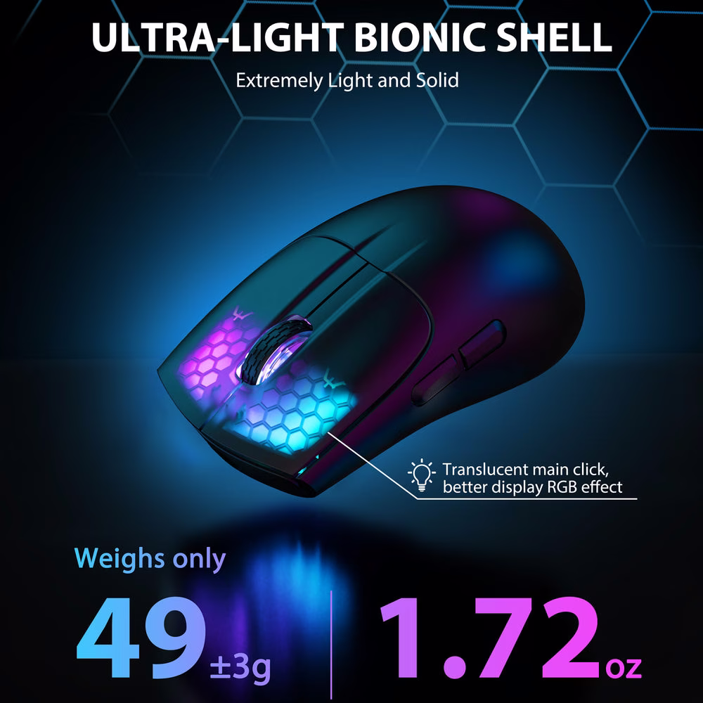ATTACK SHARK X5 Ultra-Lightweight Wireless Gaming Mouse, 49g Featherweight Design, Tri-Mode (BT/2.4G/Wired), RGB Accents, & Ergonomic Comfort, Black | X5 thumbnail 3