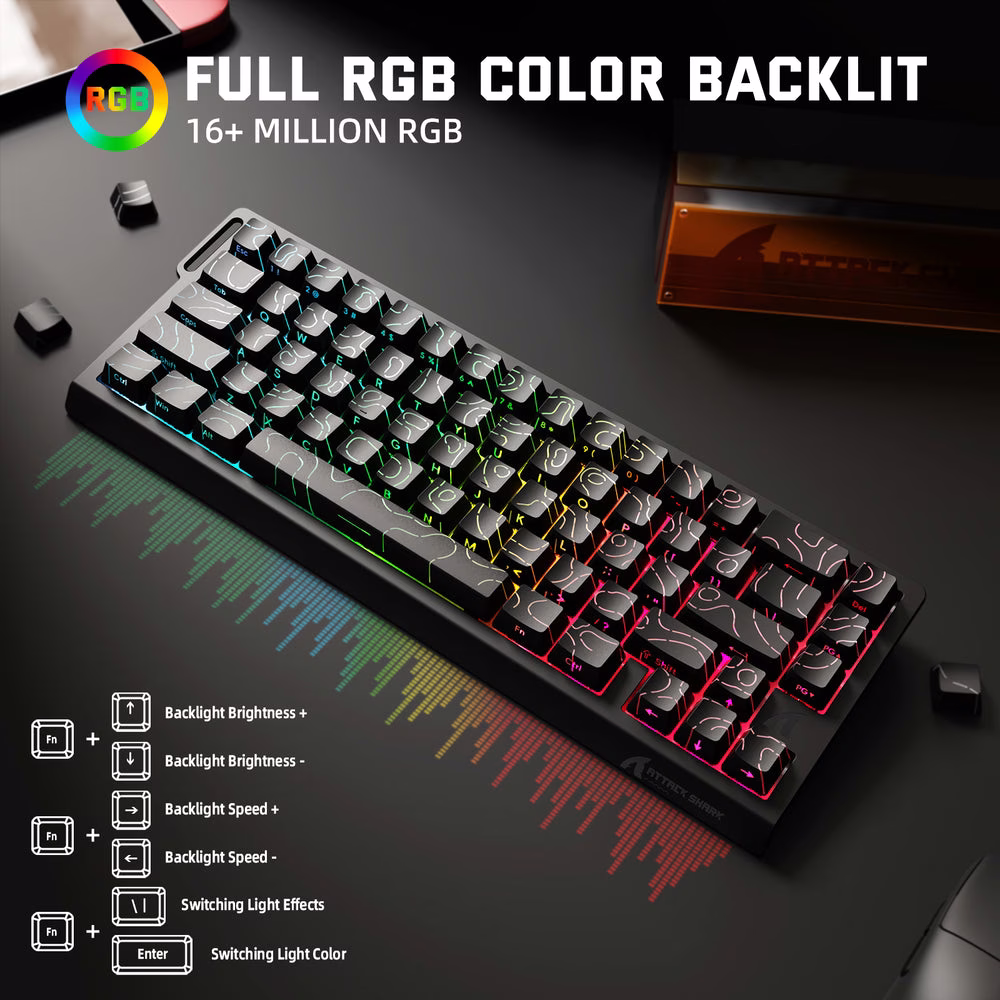 ATTACK SHARK X68 PRO HE Wireless Magnetic Gaming Keyboard, 60% Ultra-Compact Tri-Mode, 8KHz Polling, & 0.01mm Rapid Trigger, Black Contour Line | X68 PRO HE thumbnail 3