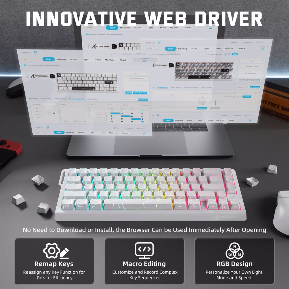 ATTACK SHARK X68 PRO HE Wireless Magnetic Gaming Keyboard, 60% Ultra-Compact Tri-Mode, 8KHz Polling, & 0.01mm Rapid Trigger, White Contour Line | X68 PRO HE thumbnail 5