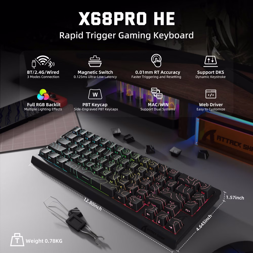 ATTACK SHARK X68 PRO HE Wireless Magnetic Gaming Keyboard, 60% Ultra-Compact Tri-Mode, 8KHz Polling, & 0.01mm Rapid Trigger, Black Contour Line | X68 PRO HE thumbnail 2