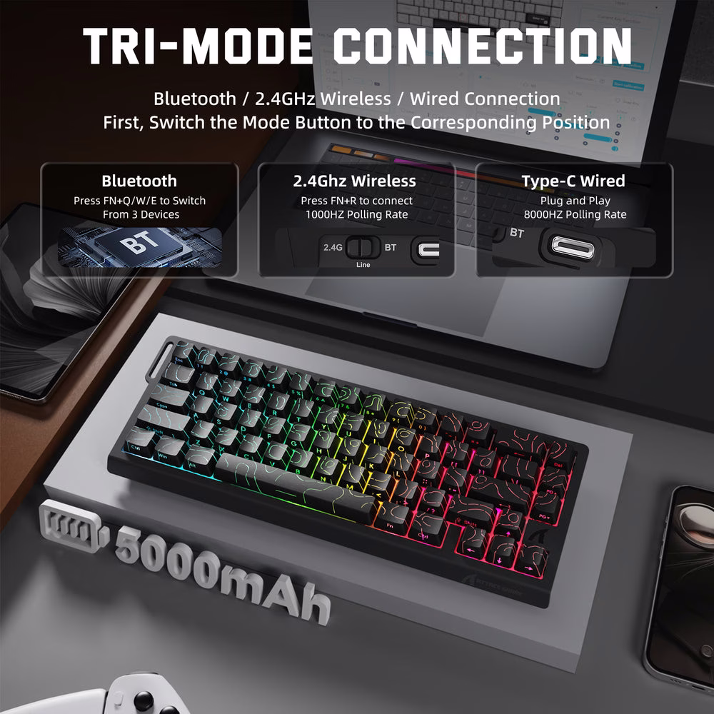 ATTACK SHARK X68 PRO HE Wireless Magnetic Gaming Keyboard, 60% Ultra-Compact Tri-Mode, 8KHz Polling, & 0.01mm Rapid Trigger, Black Contour Line | X68 PRO HE thumbnail 5