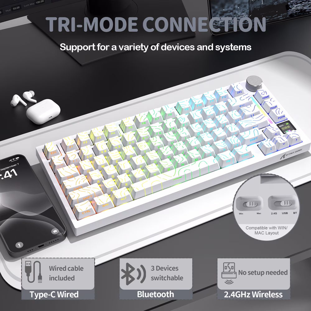 ATTACK SHARK X820 Ultra Tri-Mode Gasket Mechanical Keyboard, 75% Layout, TFT Smart Display, Multimedia Knob, & Hot-Swappable, White Contours | X820 Ultra thumbnail 3