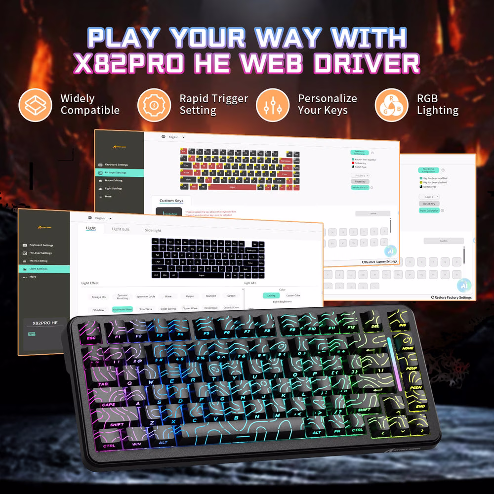 ATTACK SHARK X82 PRO HE Wireless Magnetic Gaming Keyboard, 75% Tri-Mode, 8KHz Polling, 0.01mm Rapid Trigger, & Comic Keycaps, Black Contours | X82 PRO HE thumbnail 2