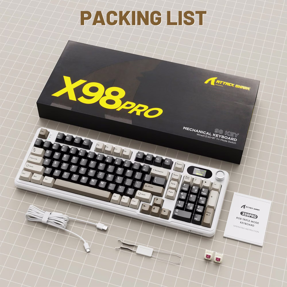ATTACK SHARK X98 PRO Wireless Gaming Keyboard, 99-Key Gasket Mount, Tri-Mode LED Color Display, & 5-Layer Muffler Tech, Cheese White | X98 PRO thumbnail 7
