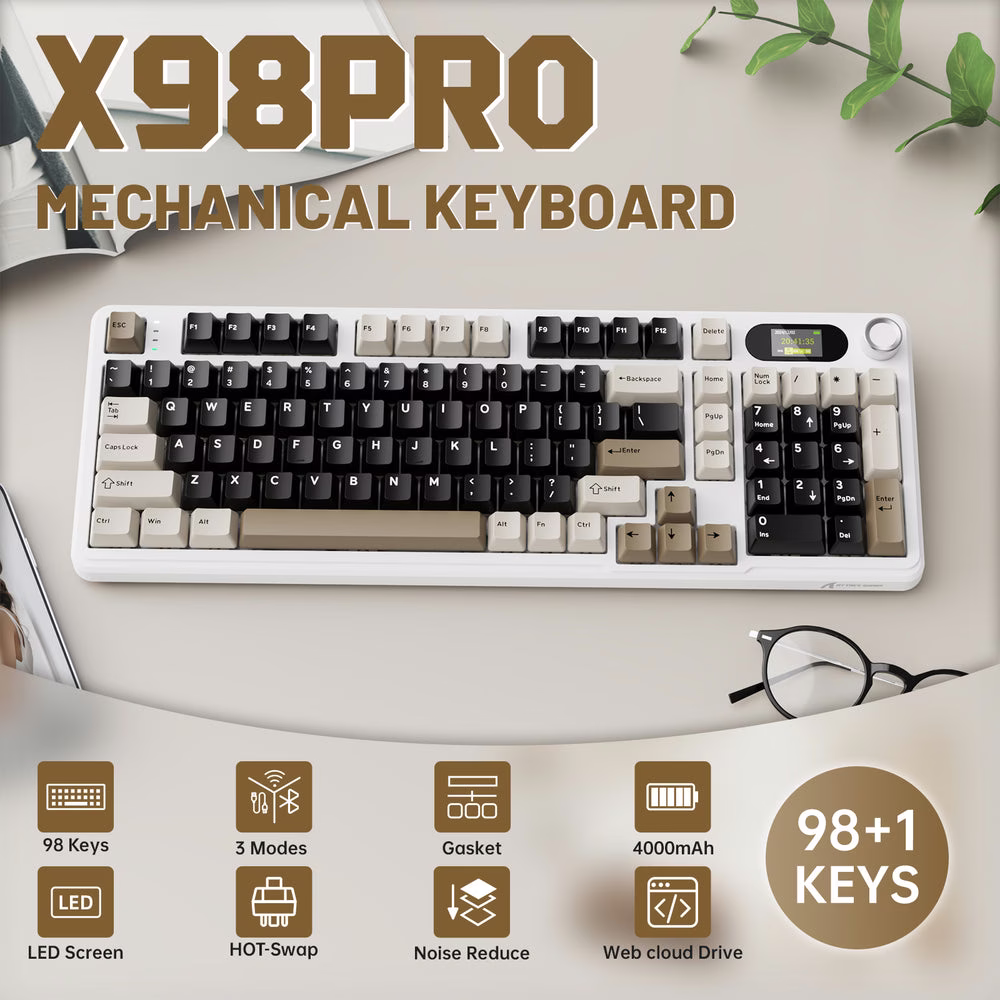 ATTACK SHARK X98 PRO Wireless Gaming Keyboard, 99-Key Gasket Mount, Tri-Mode LED Color Display, & 5-Layer Muffler Tech, Cheese White | X98 PRO thumbnail 2