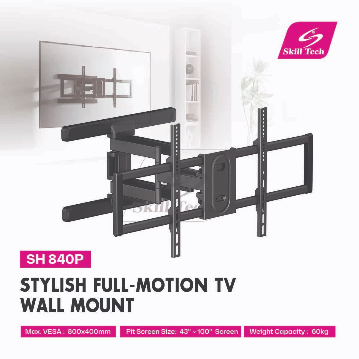 Skill Tech SH 840P Full-Motion TV Wall Mount, Fits 43"–100" Screens, Heavy-Duty Articulating Arm, 60kg Capacity, VESA 800x400 thumbnail 3