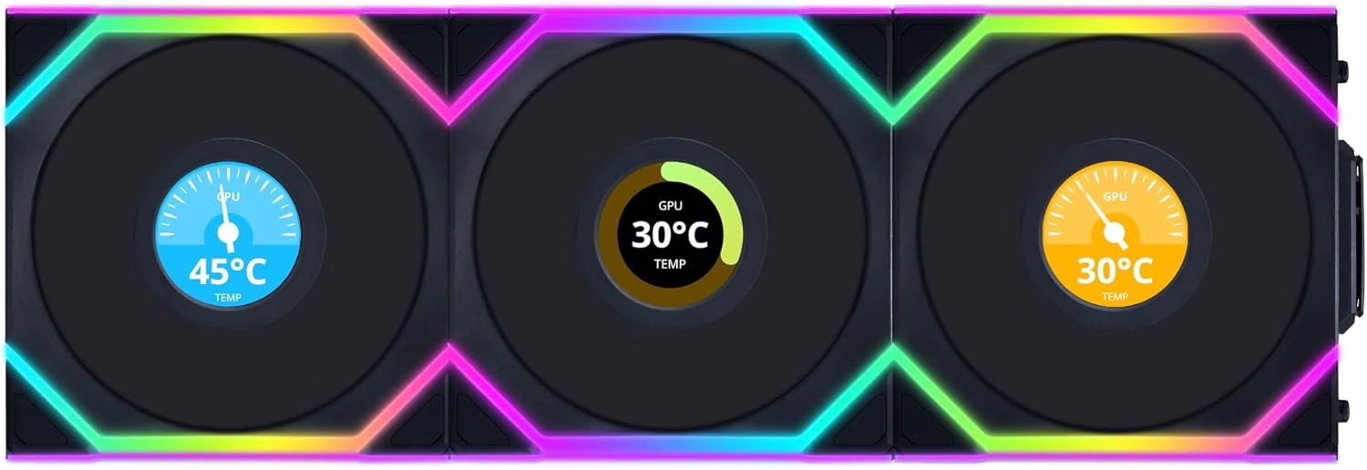 Lian Li UNI FAN SL Wireless LCD 120 Reverse Blade 3-Pack (Black) Case Fan, 1.6" LCD Display, 2.4 GHz Wireless Controller Included | 12RSLLCD1W3B image