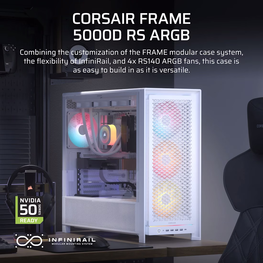 CORSAIR FRAME 5000D RS ARGB White Mid-Tower Case, High-Airflow Design, 4x RS140 Fans, Triple 420mm Radiator Support, White | CC-9011310-WW thumbnail 2