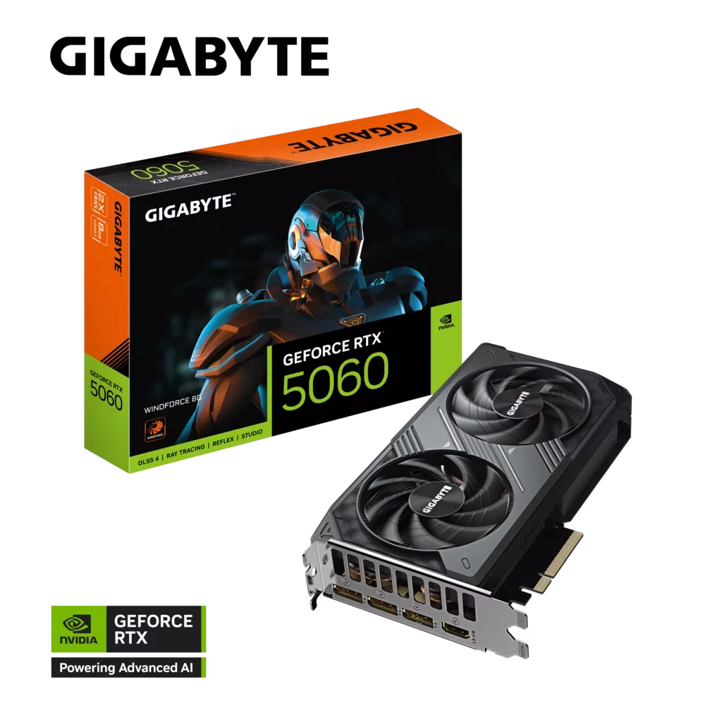 Gigabyte GeForce RTX 5060 WINDFORCE 8GB GDDR7 Graphics Card, 128 bit 28 Gbps, PCIe 5.0, Dual Fan Cooling, Black DLSS4 | GV-N5060WF2-8GD – Buy Online
