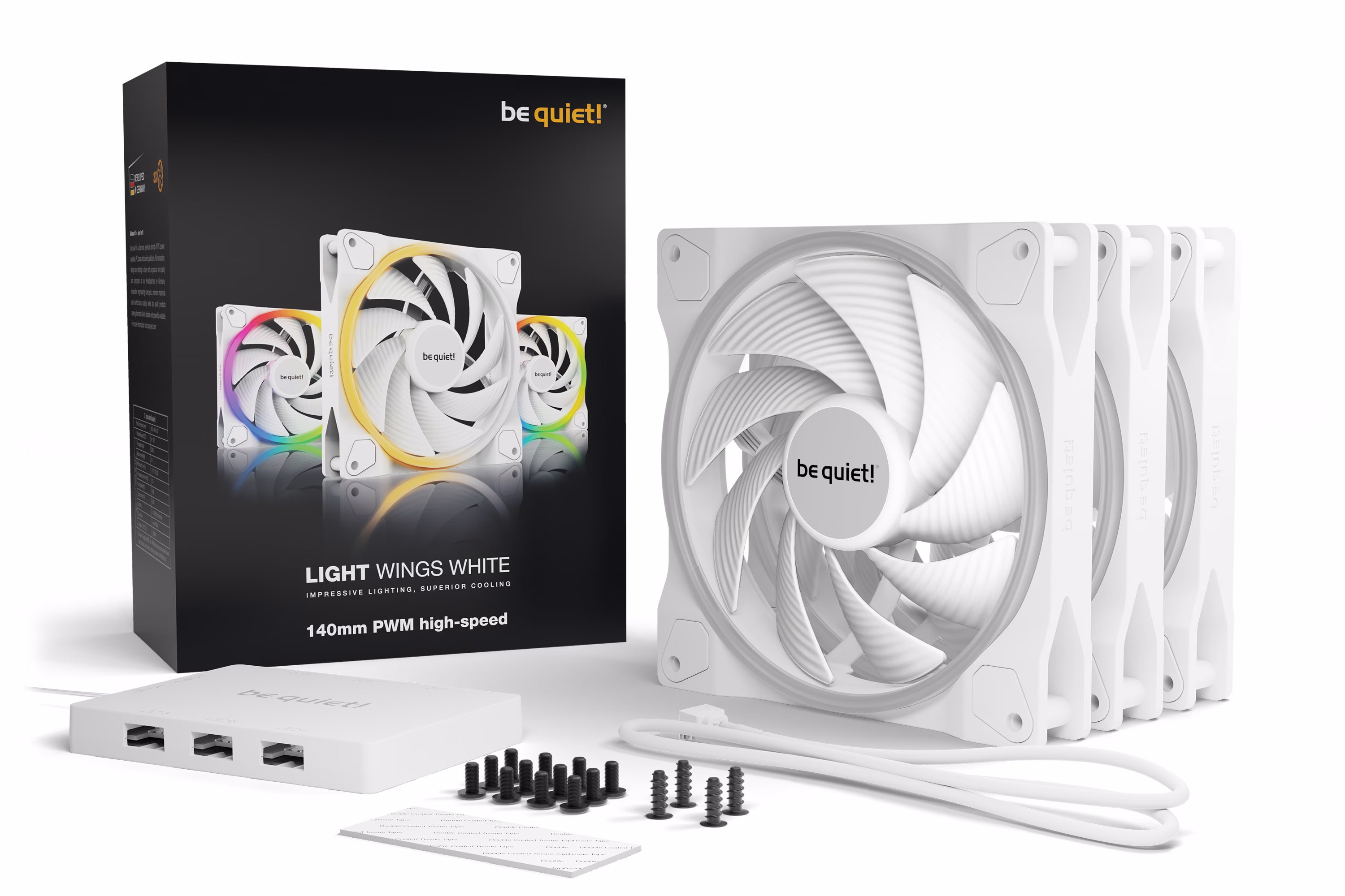 Be Quiet! Light Wings High-Speed 140mm PWM aRGB Case Fans, 9 Silence-Optimized Fan Blades, Up to 121.82 CFM Airflow & 2200 RPM Fan Speed, Rifle Bearing Technology, Triple Pack, White | BL103 thumbnail 3