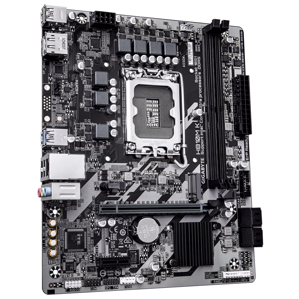 Gigabyte H810M K LGA1851 mATX Motherboard, Supports Intel Core Ultra Processors, PCIe 4.0 M.2 Slot, PCIe 4.0 x16 slot, 2x DIMMs, Dual Channel DDR5, 2 x DIMMs, GbE LAN | 9MH810MK-00-G10 thumbnail 2