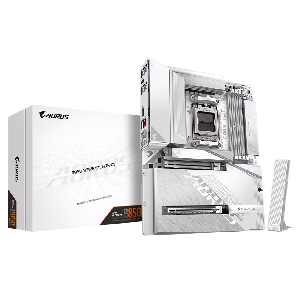 Gigabyte B850 AORUS STEALTH ICE AM5 White Motherboard, 4 x DDR5 DIMM upto 8200(O.C), X3D Turbo Mode, 5GbE LAN, Wi-Fi 7, BT 5.4 | B850 A STEALTH ICE – Buy Online