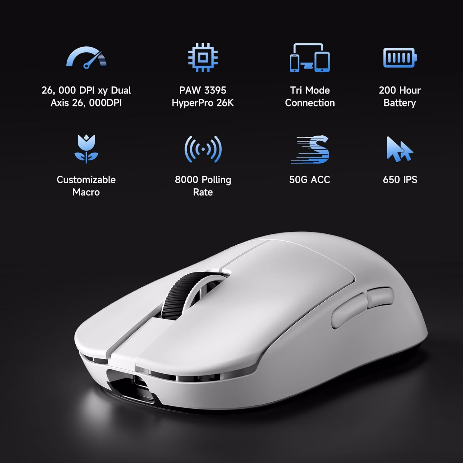 MCHOSE L7 Pro+ Ultra-Lightweight Wireless Gaming Mouse, 8K Polling Rate, 26K DPI PAW3395 Sensor, & Magnetic Charging Dock, White | MC-L7-12 thumbnail 2