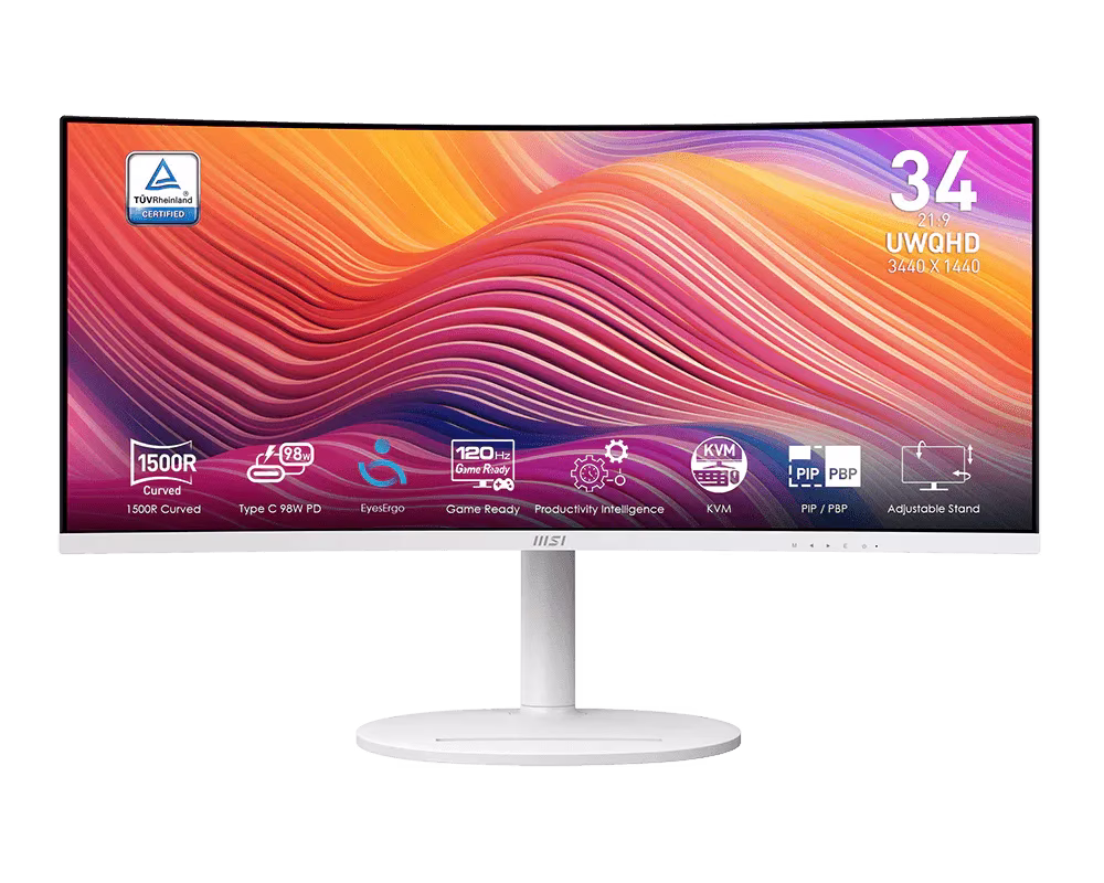 MSI Modern MD342CQPW 34" White Ultrawide Curved Monitor, 120Hz, 1ms, UWQHD (3440 x 1440), USB-C 98W PD | 9S6-3PC59H-020 – Buy Online