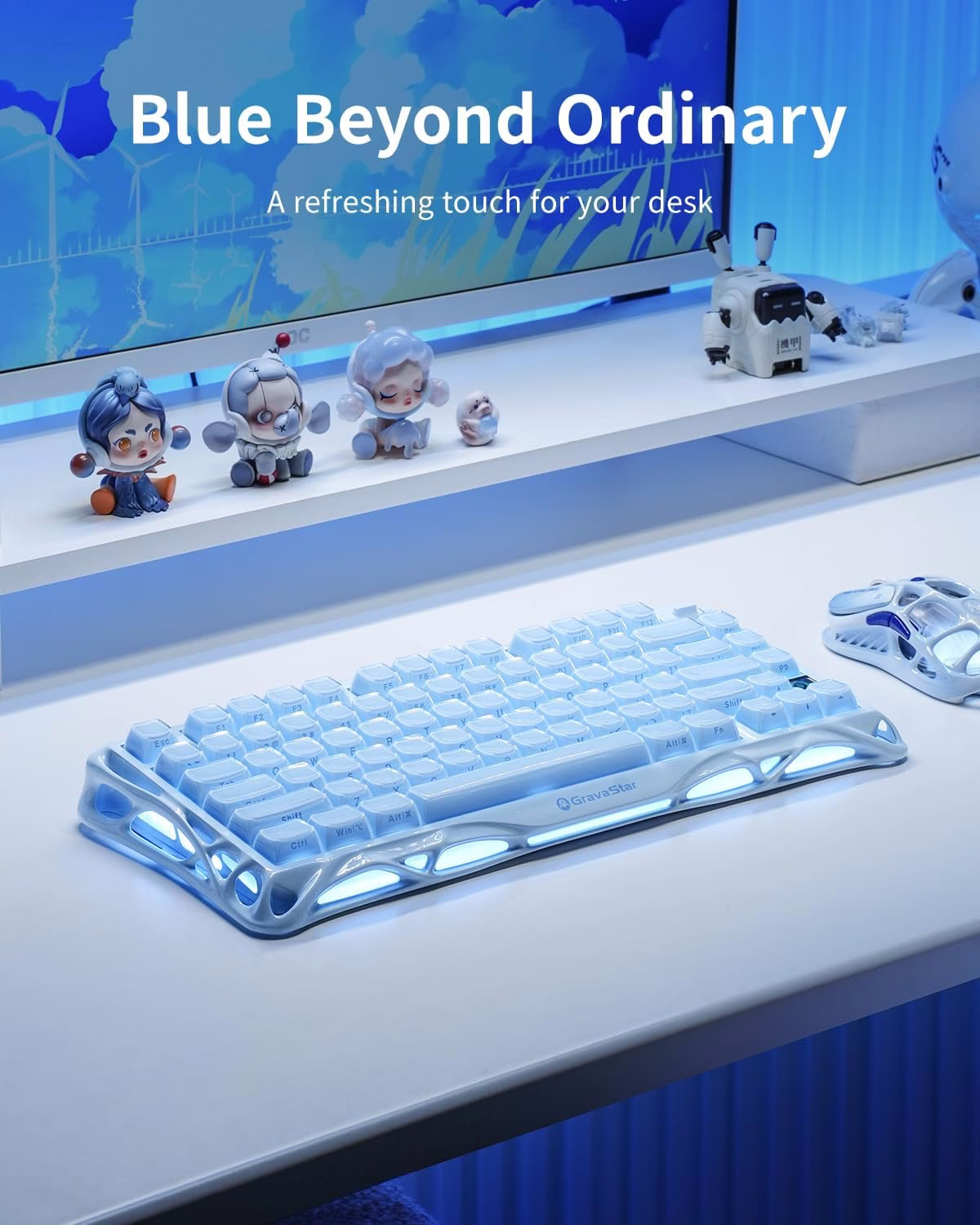 GravaStar Mercury K1 Special Edition Mechanical Keyboard, Ice Blue, 75% Layout, Tri-Mode Wireless, Aluminum Frame, Gasket Mount | GS K1_BLU thumbnail 3