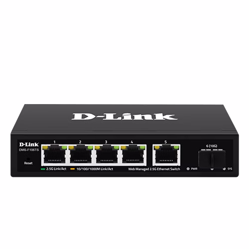 D-Link DMS-F106TS 5 Port Smart Managed Switch, 5-Port 2.5G Multi-Gig + 1-Port 10G SFP+ Uplink, 45Gbps Switching Capacity, QoS & VLAN Support | DMS-F106TS – Buy Online