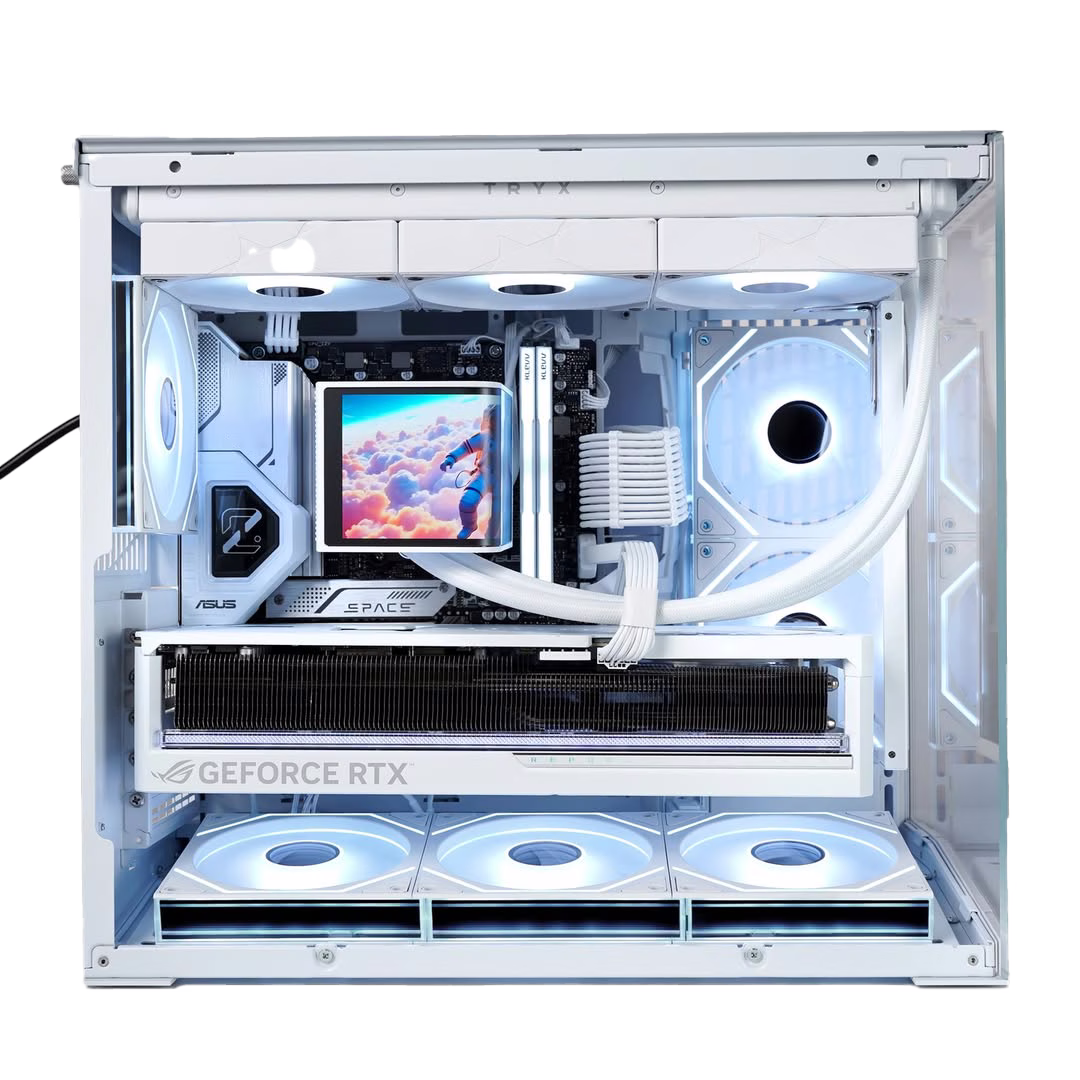 White MINI O11 Gaming & Creator PC, AMD Ryzen 9 9950X3D, ROG ASTRAL RTX 5080 White OC, 32GB (2x16GB) DDR5 6000MHz, 2TB Gen 5.0 NVMe  Up to 14 GB, Curved ARGB Liquid Cooler, 1000W, O11 Dynamic Mini V2 Flow White thumbnail 2