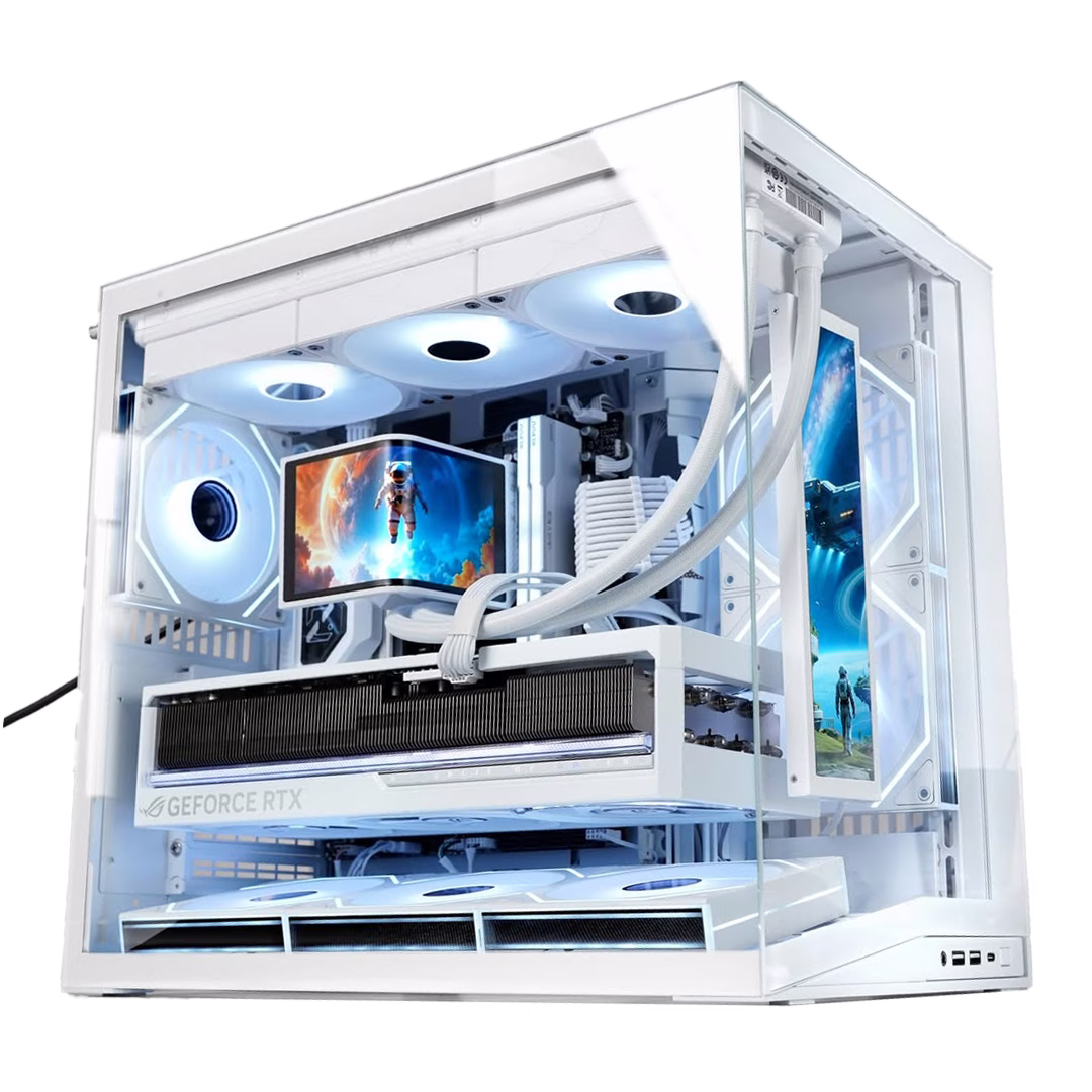 White MINI O11 Gaming & Creator PC, AMD Ryzen 9 9950X3D, ROG ASTRAL RTX 5080 White OC, 32GB (2x16GB) DDR5 6000MHz, 2TB Gen 5.0 NVMe  Up to 14 GB, Curved ARGB Liquid Cooler, 1000W, O11 Dynamic Mini V2 Flow White – Buy Online