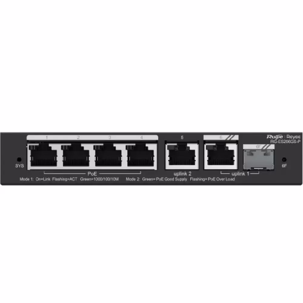 Ruijie RG-ES206GS-P, 6-Port Gigabit Smart Cloud Managed PoE+ Switch, 4 PoE+ Ports, 54W image